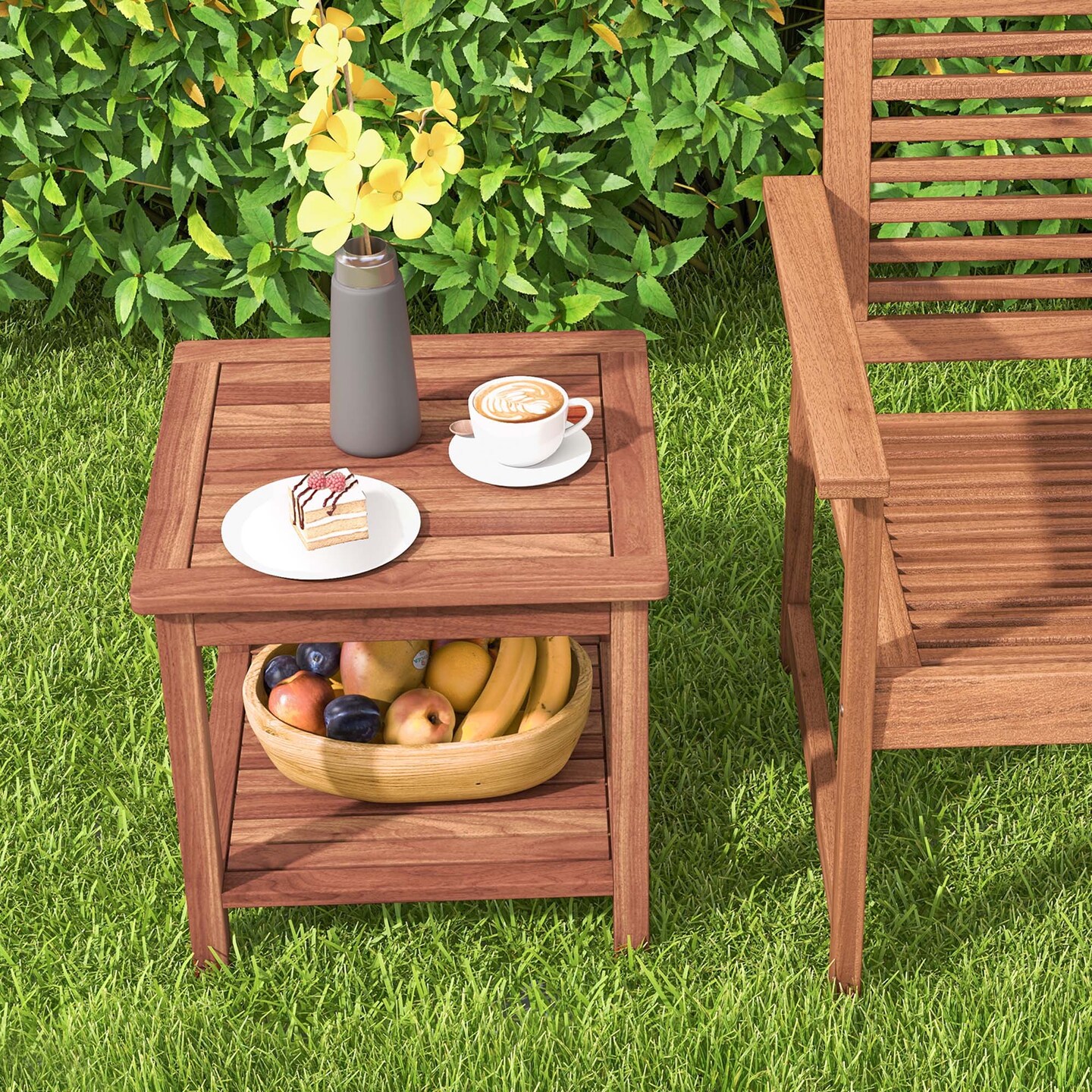 Costway Patio Acacia Wood Side Table 2-Tier Square End Table Porch Poolside Natural