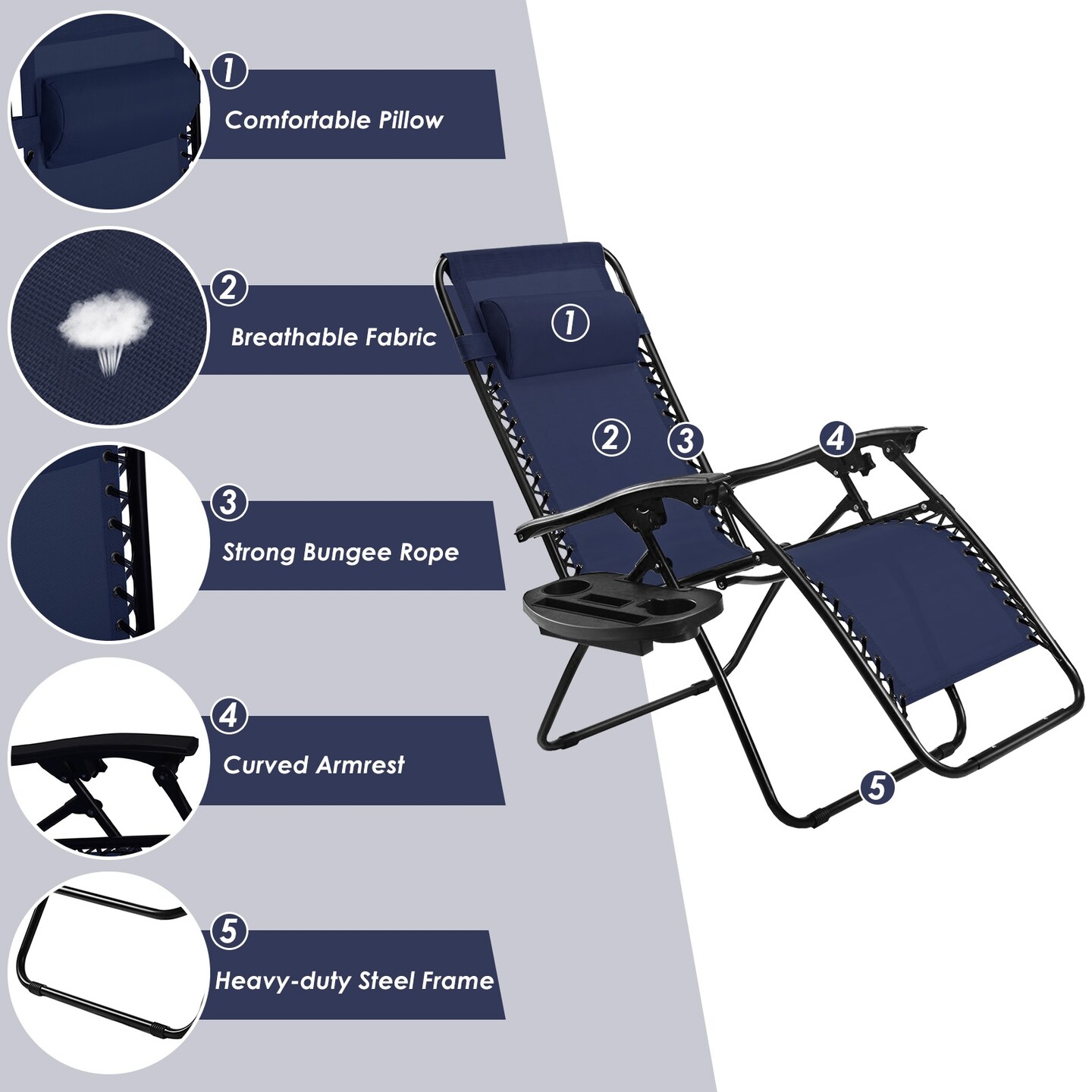 Outdoor Folding Zero Gravity Reclining Lounge Chair with Utility Tray