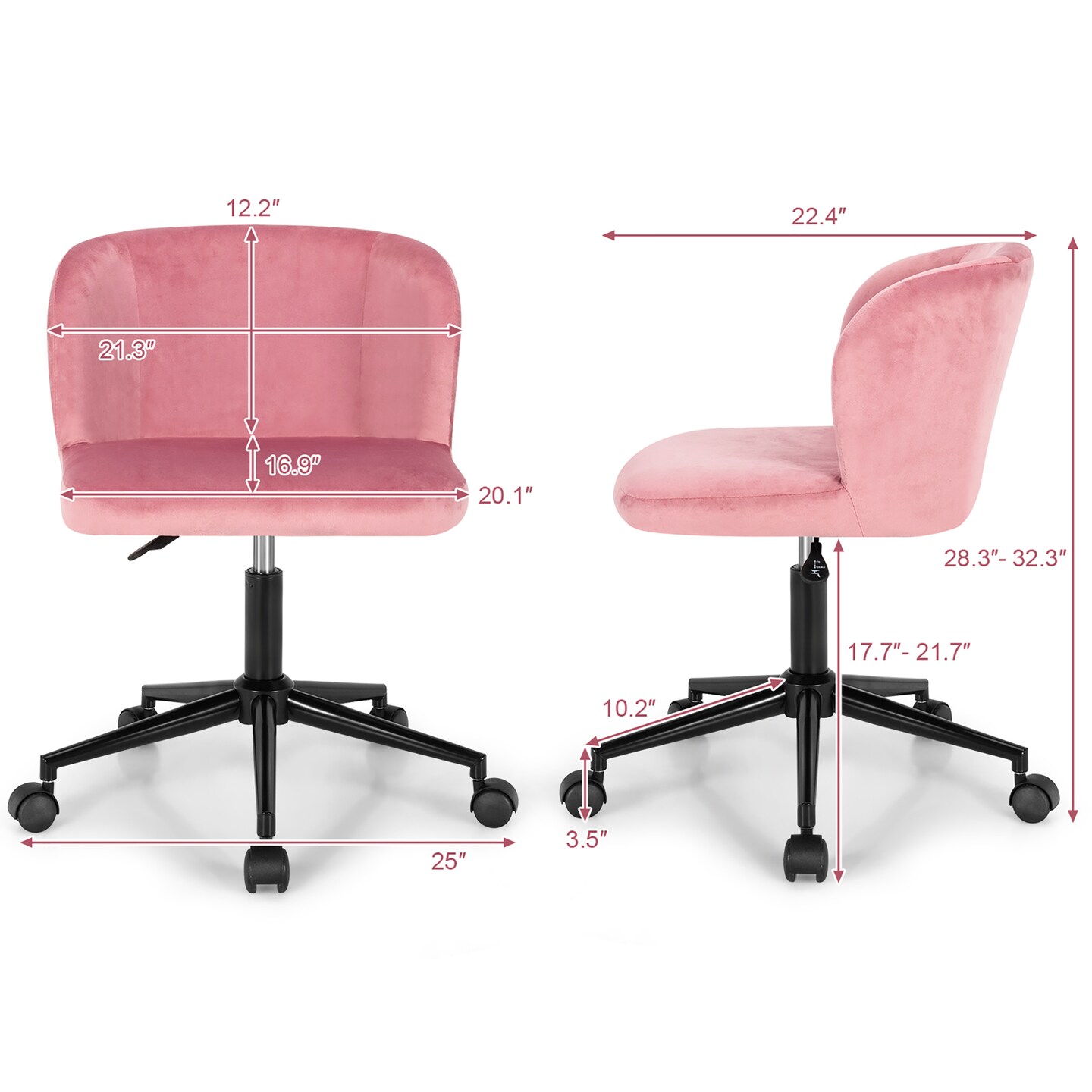 Costway Velvet Home Office Leisure Vanity Chair Armless Adjustable Swivel Pink\Blue