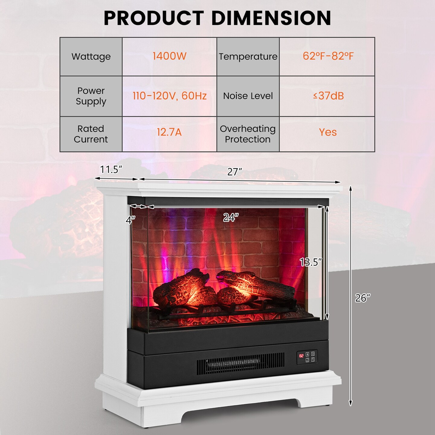 Costway 27&#x27;&#x27; Electric Fireplace Heater Freestanding 1400W Remote Control Timing Function Brown/Black/White