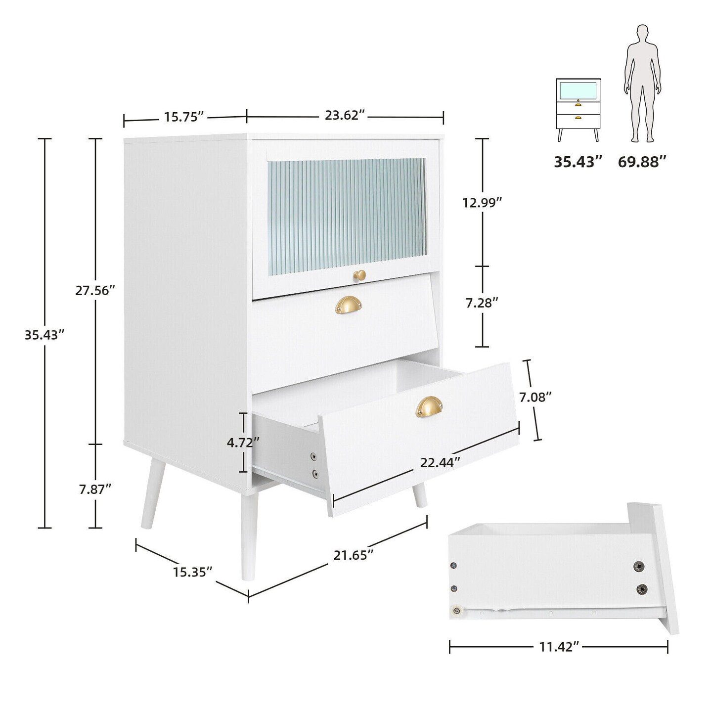 2 Drawers End Table with Wood Shelf Organizer