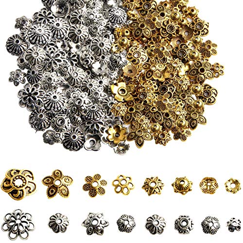 FEBSNOW About 160Pcs Spacer Beads Caps, Bali Style Mixed Tibetan Silver and  Antique Gold Flower Bead Caps for Bracelet Necklace Earrings Jewelry Making  Supplies
