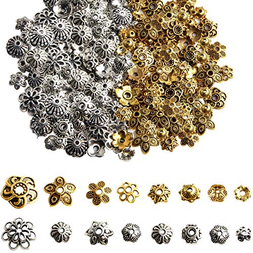 160Pcs Spacer Beads Caps, Bali Style Mixed Tibetan Silver and Antique Gold Flower Bead Caps for Bracelet Necklace Earrings Jewelry Making Supplies