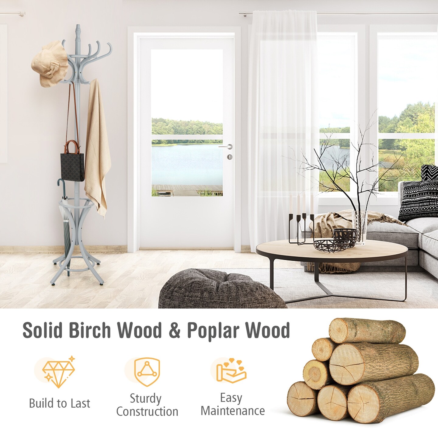 Wooden Freestanding Hat Coat Rack with Umbrella Stand Perfect for Any Room