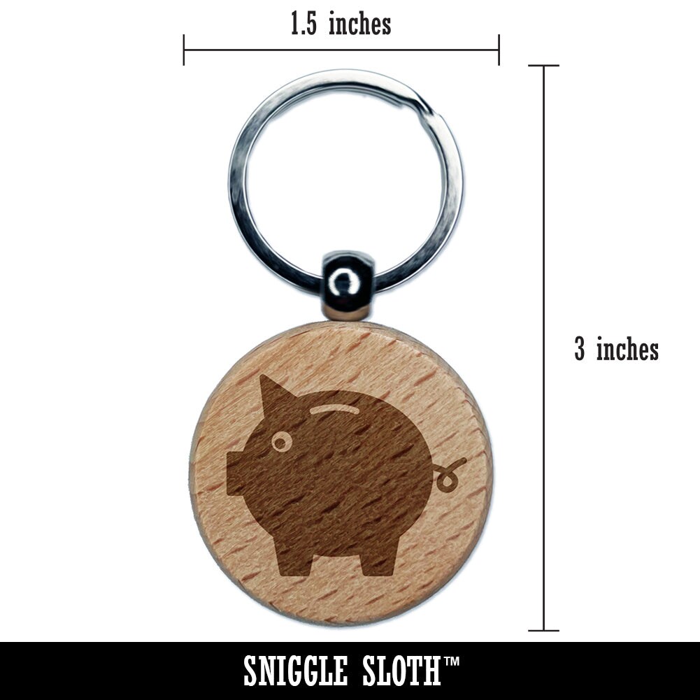 Piggy Bank Solid Engraved Wood Round Keychain Tag Charm