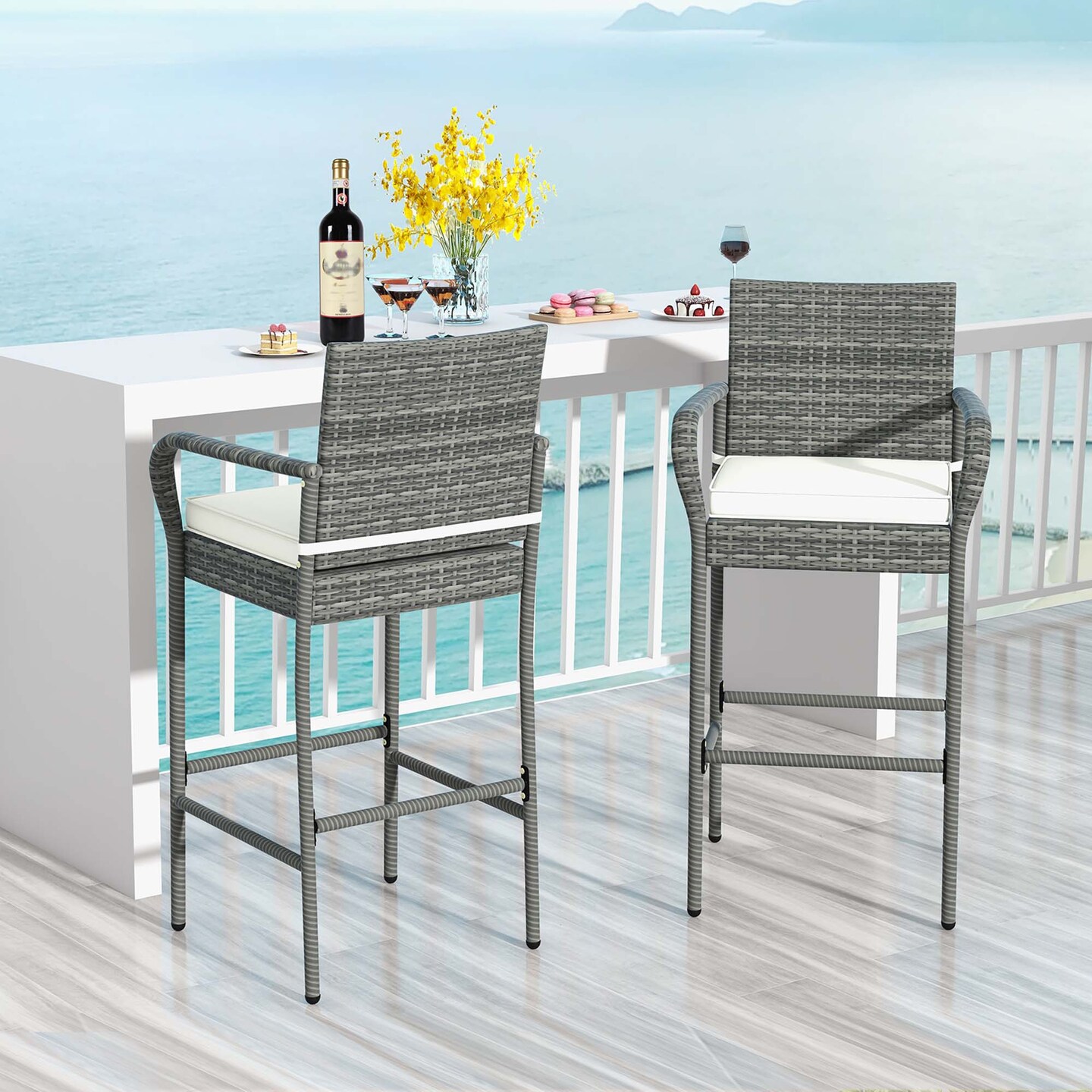Costway 2/4 PCS Patio PE Wicker Bar Chairs Counter Height&#xA0;Barstools With Armrests &#x26;Cushions
