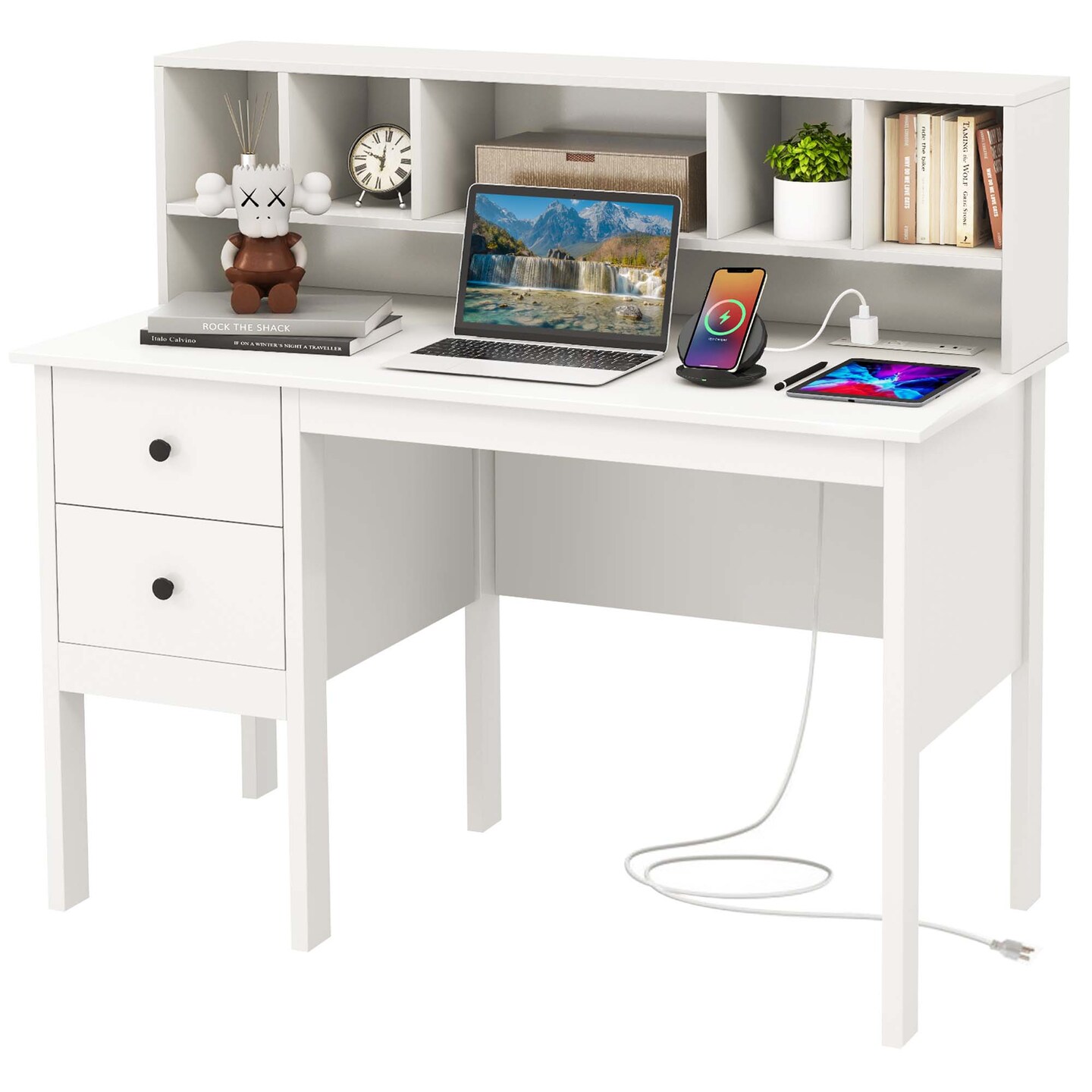 Costway Computer Desk 48&#x22; Writing Table w/ Power Outlets 5-Cubby Hutch 2 Storage Drawers