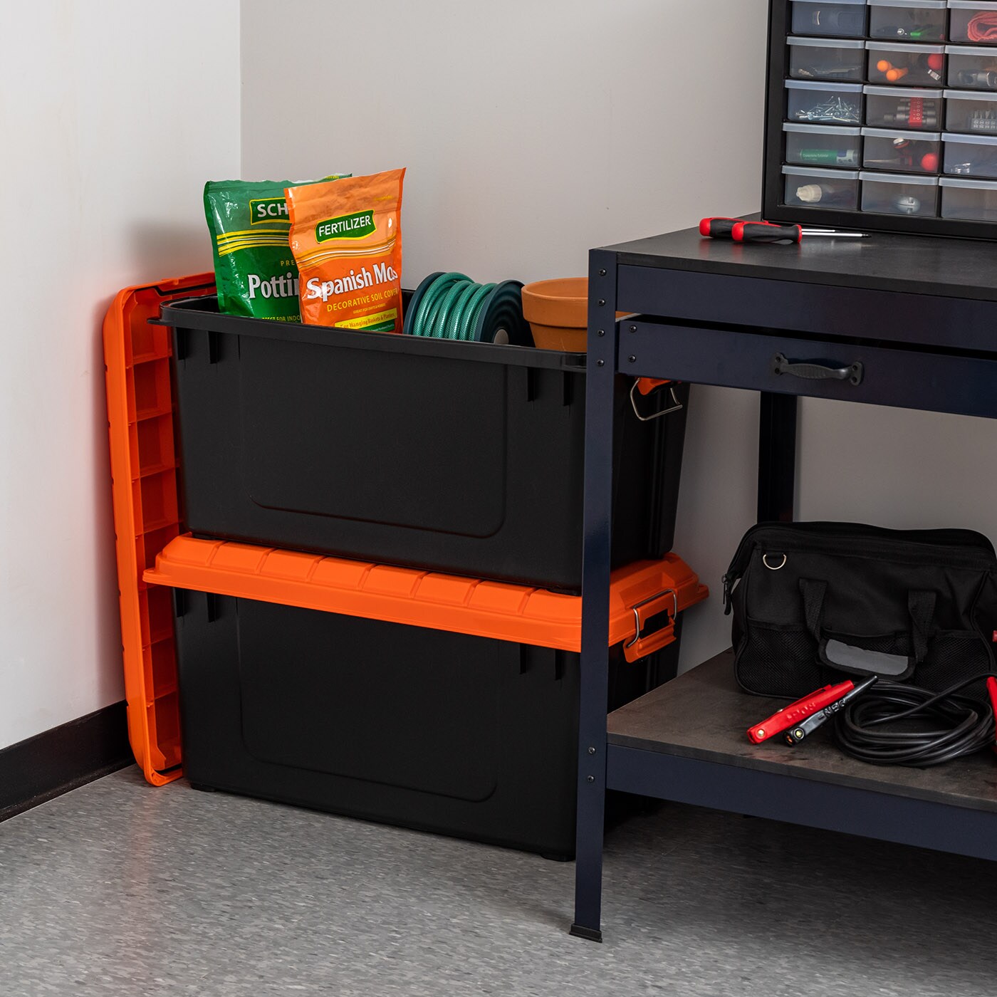 IRIS USA 2 Pack 70Qt/20gal WeatherPro™ Storage Utility Tote Container Box, Black/Orange
