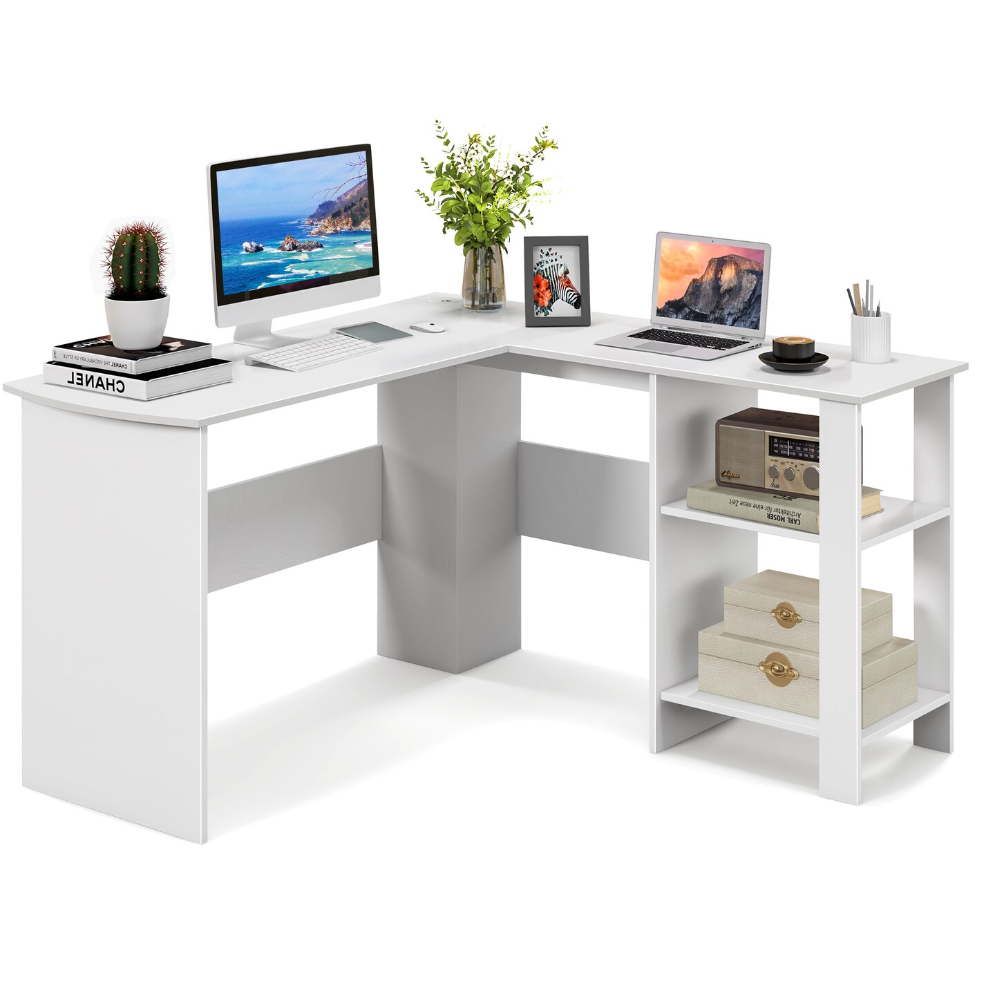 Costway L-shaped Corner Computer Desk Home Office Writing Workstation with Storage Shelves