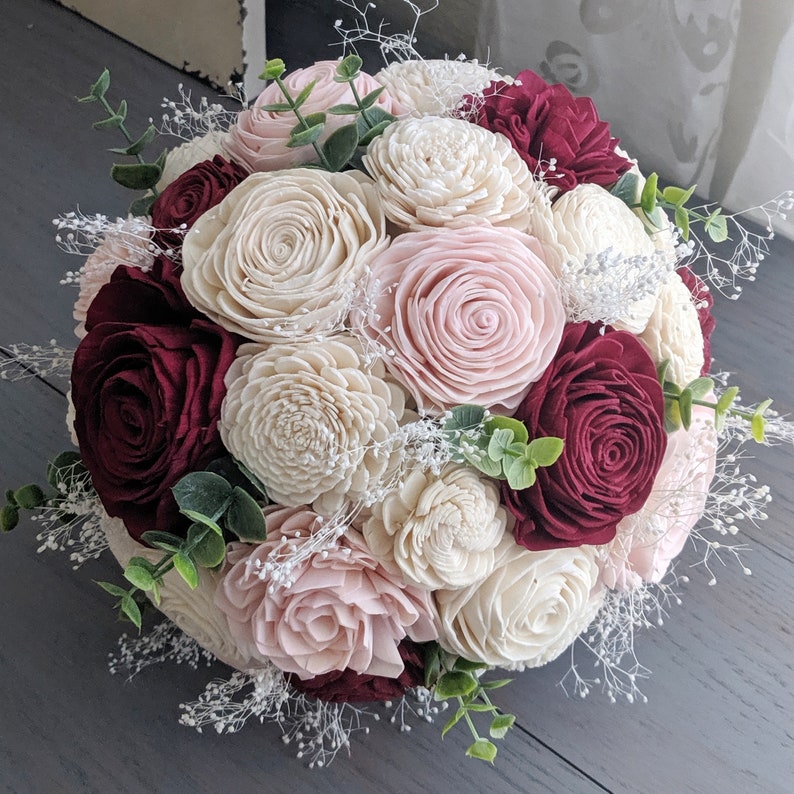 Wine, Blush, and Ivory Sola Wood Flower Bouquet with Baby's Breath and