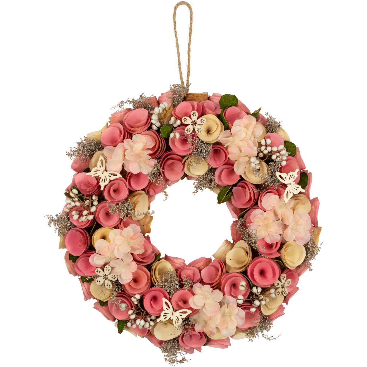 Northlight Wooden Artificial Floral and Berries Spring Wreath - 12.5&#x22; - Pink and Cream
