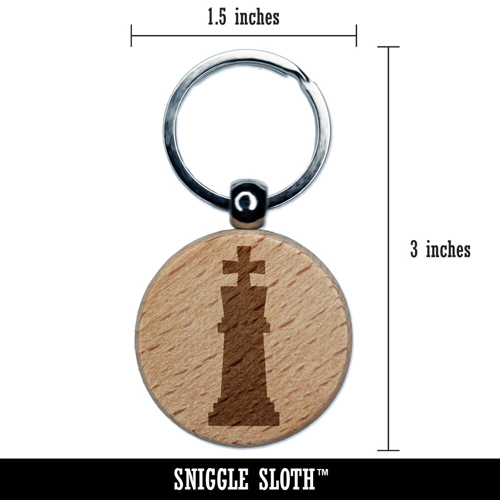 Chess King Piece Engraved Wood Round Keychain Tag Charm