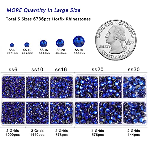 6736pcs Hotfix Rhinestones Flatback,Royal Blue Rhinestones for Crafts  Clothes Mixed 5 Sizes, Hotfix Crystals with Tweezers and Wax Pencil Kit,  SS6-SS30,Sapphire