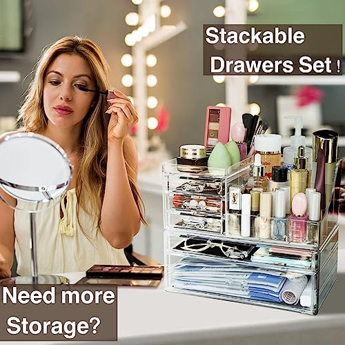 Clear Makeup Organizer with Drawers, Bathroom Countertop Organizer and Storage, Ideal for Dorm Room Desk Dresser Vanity, Great for Cosmetics, Toiletries, Skincare, Brush, Nail Supplies