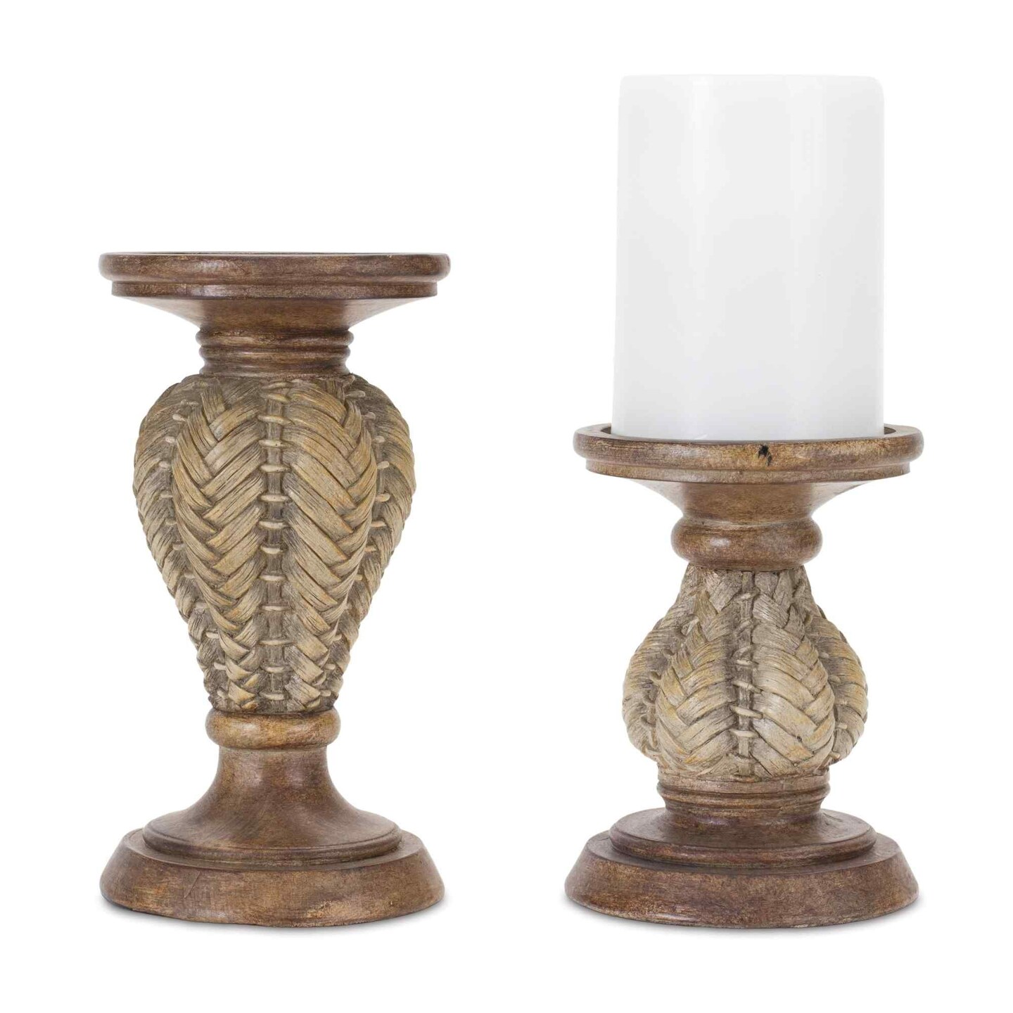 Melrose Woven Wood Pillar Candle Holders - 9&#x22; - Brown - Set of 2