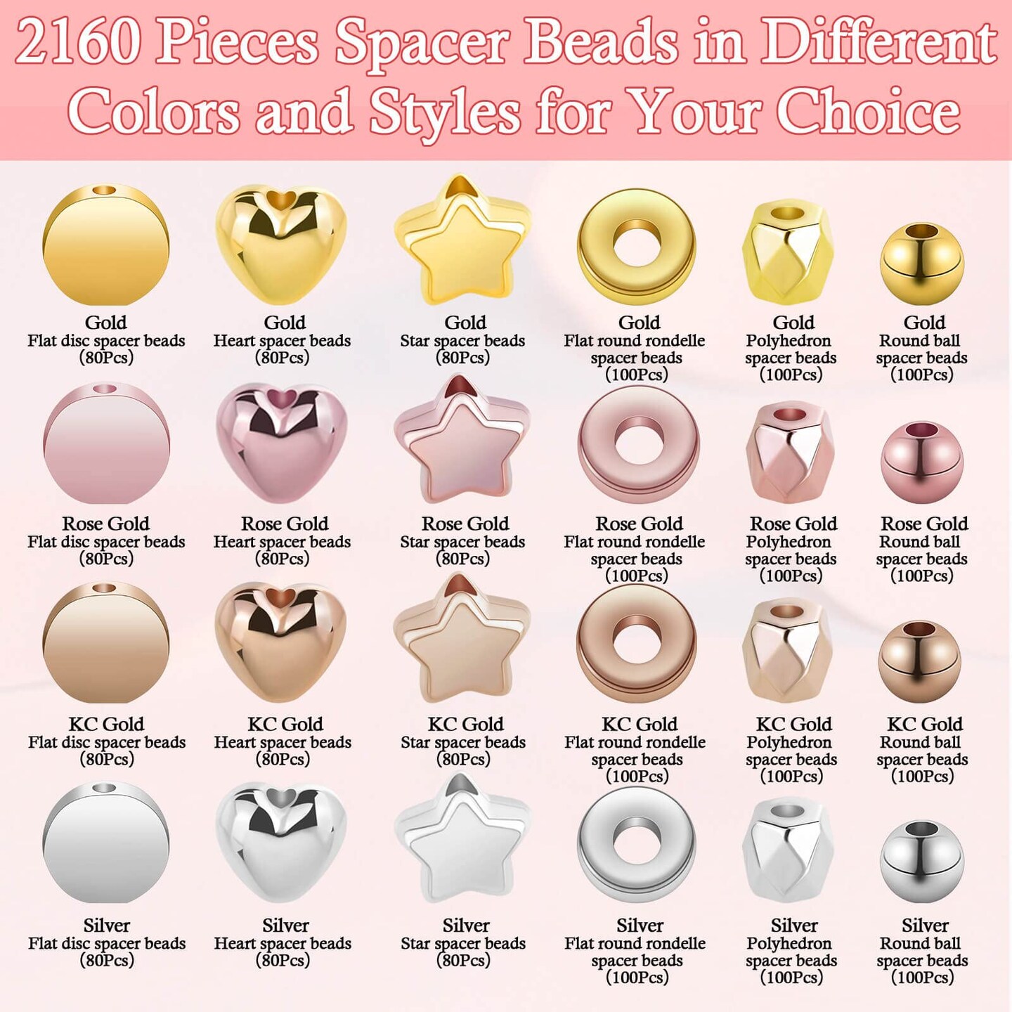 2160 Pieces Gold Spacer Beads Set, Assorted Round Star Gold Beads for Bracelet Jewelry Making(Gold, Sliver, Rose Gold, KC Gold)