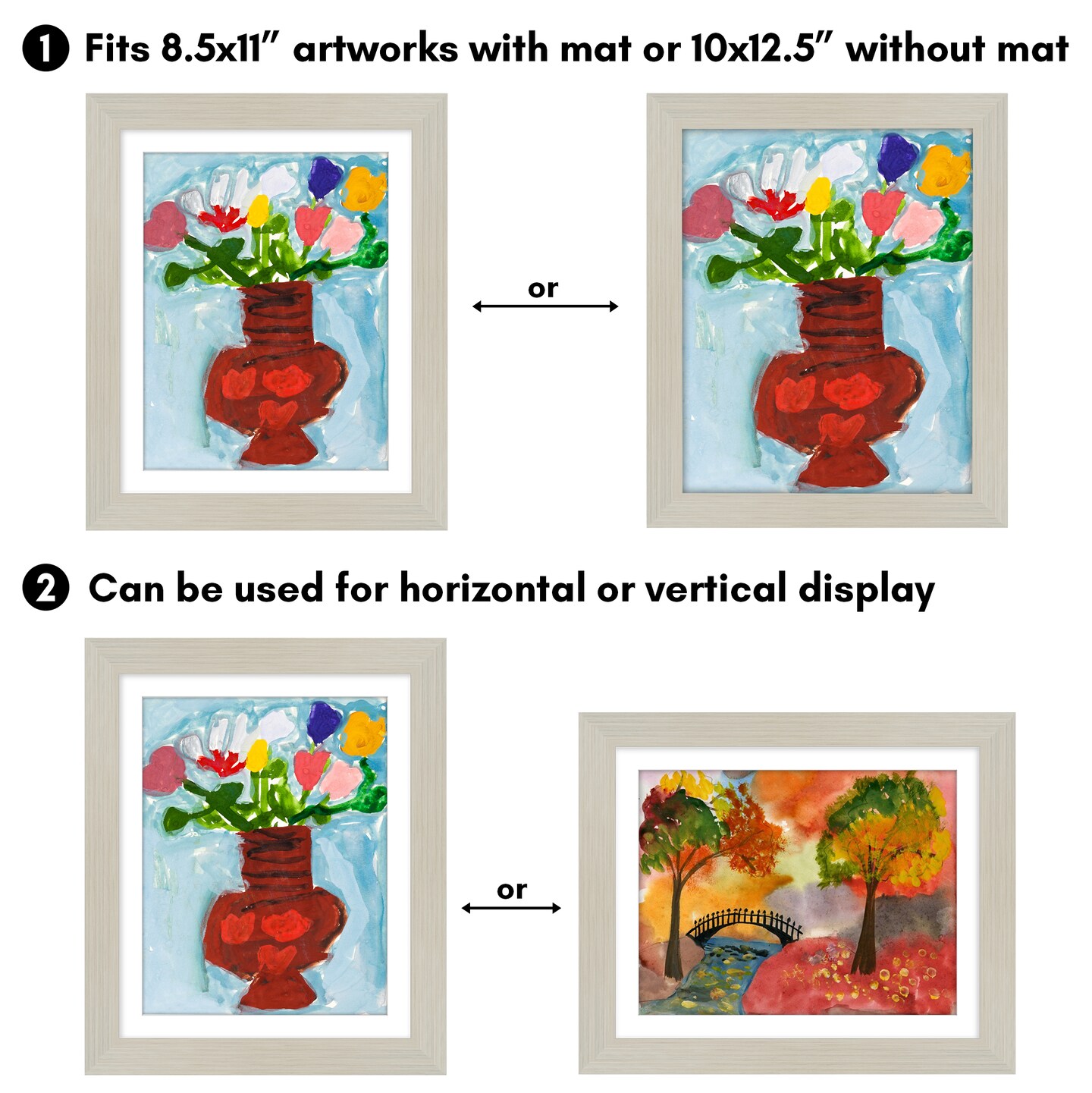 Americanflat 10x12.5 Kids Art Frame - Set of 2 - 8.5x11 with Mat or 10x12.5 without Mat - Kids Artwork Frame - Magnetic Frame Closure - Shatter Resistant Glass - Hanging Hardware