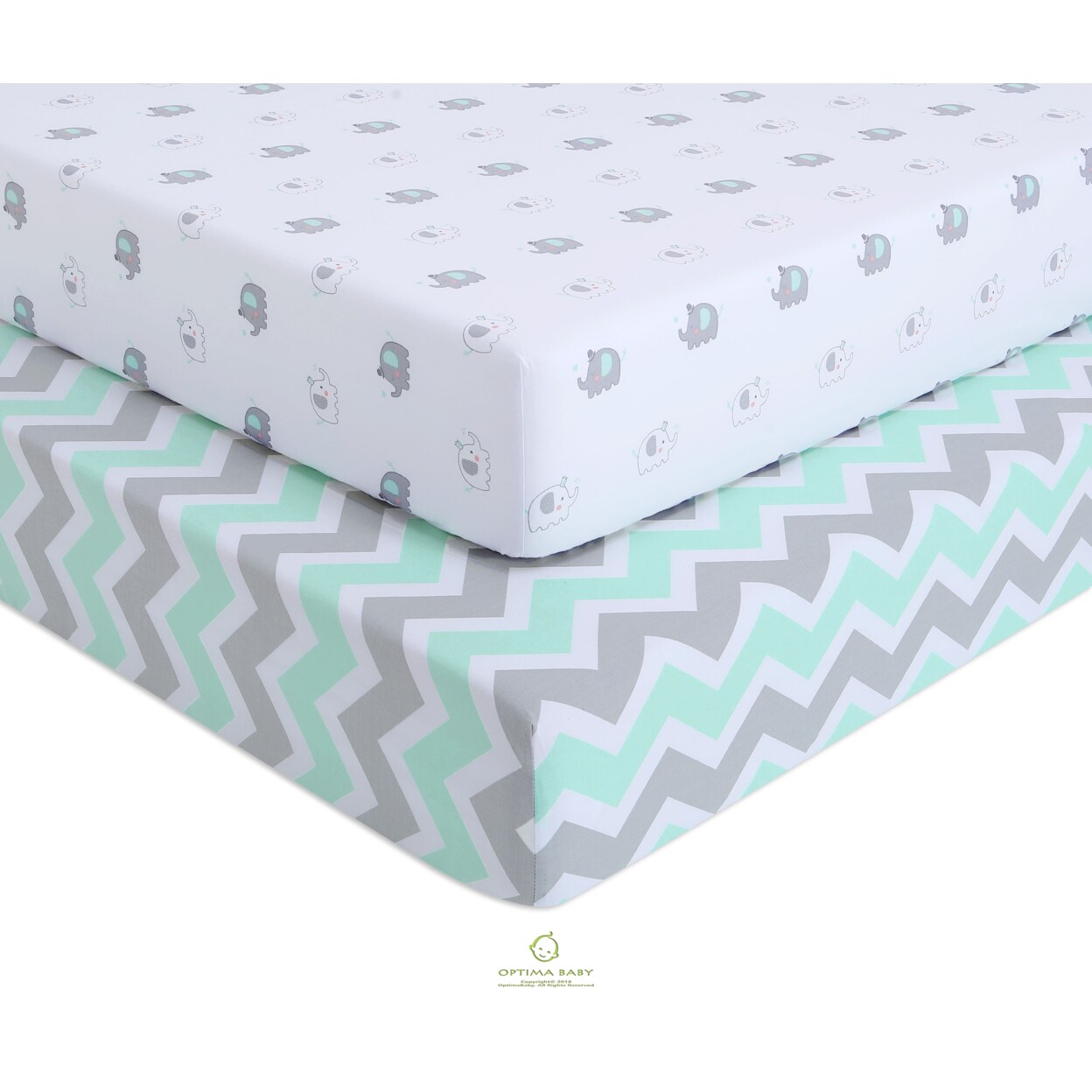 OptimaBaby Elephant Chevron Fitted Crib Sheets, Green, 2 Count