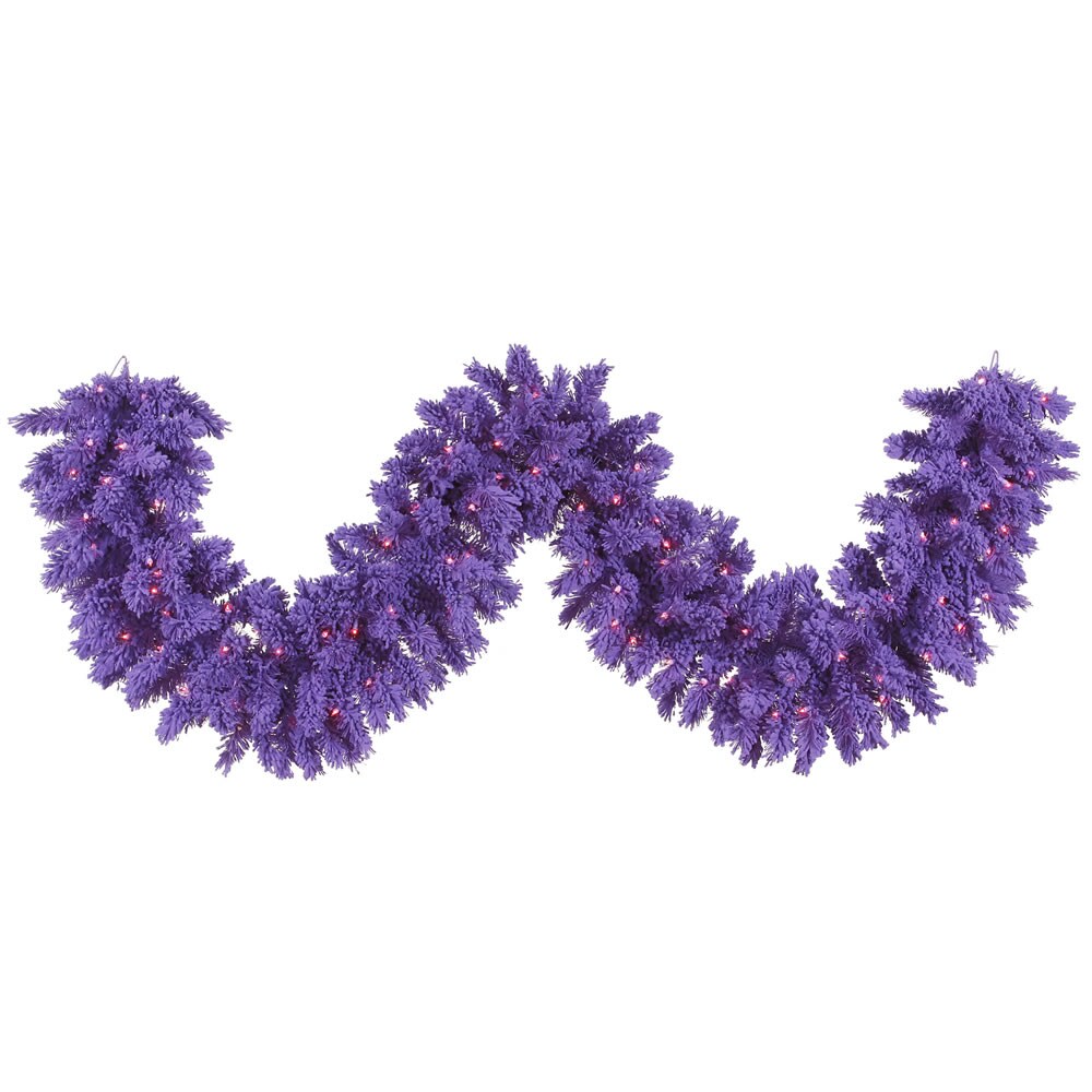 9' x 14" Flocked Purple Artificial Garland 210 Tip 100 Purple Dura-Lit LED Light