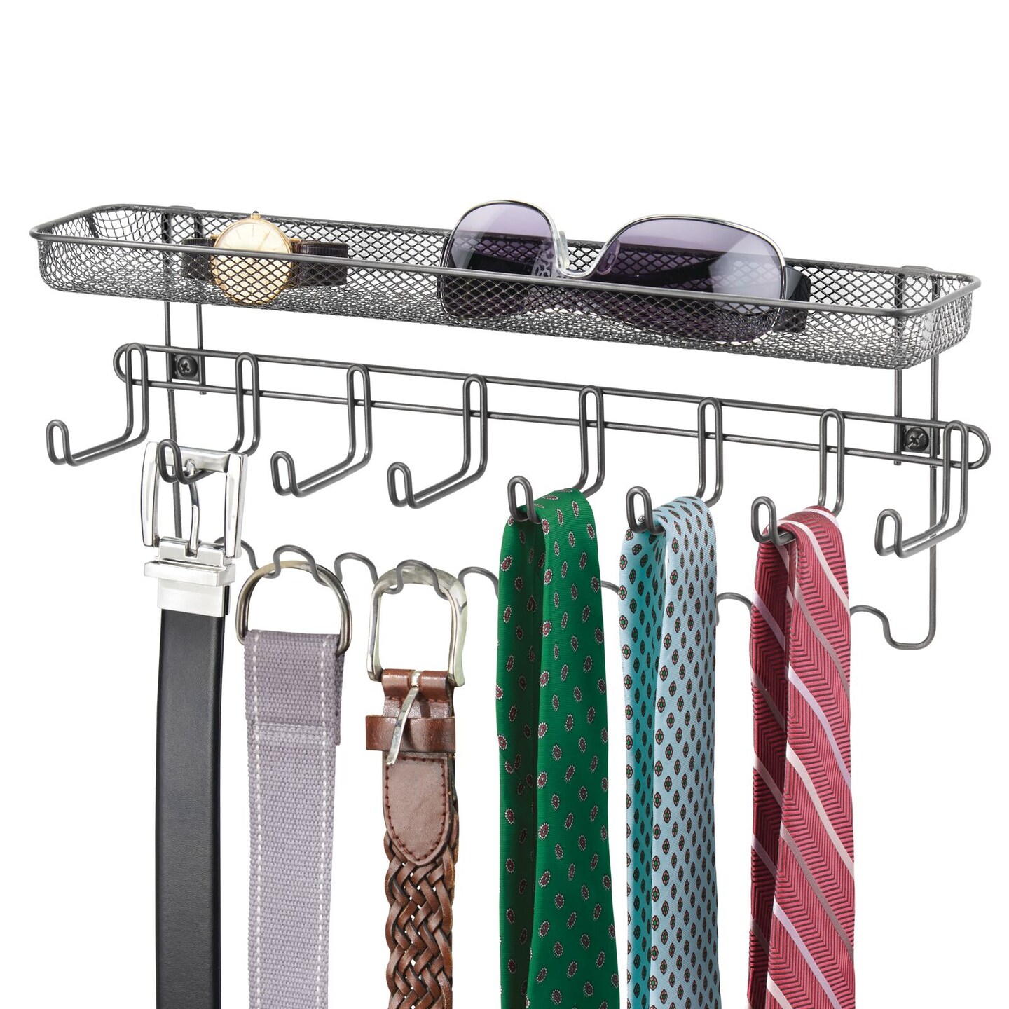 mDesign Steel Wall Mount Tie/Belt Organizer Rack with 8 Hooks/Basket
