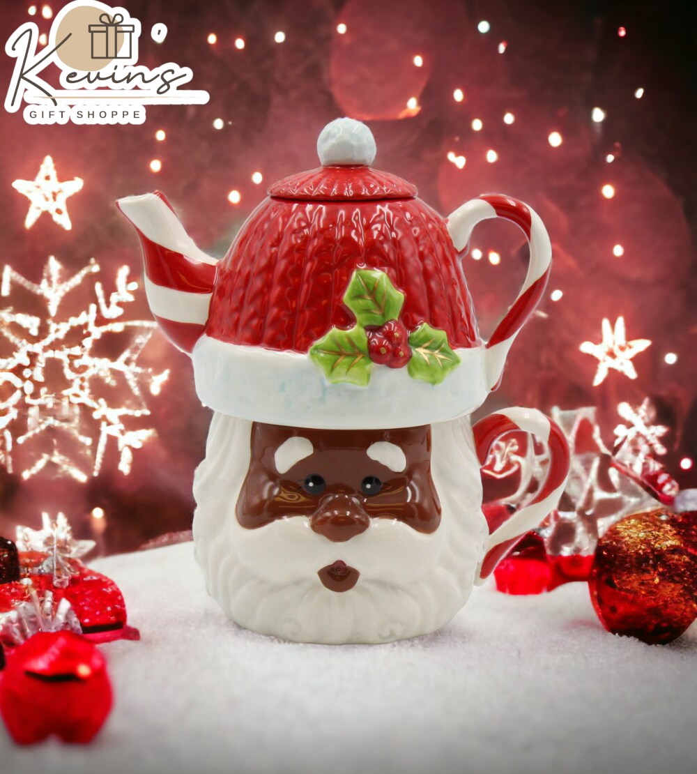 Ceramic African American Christmas Santa Claus Tea For One, Gift for Her, Gift for Mom, Tea Party D&#xE9;cor, Caf&#xE9; D&#xE9;cor, Christmas Decor