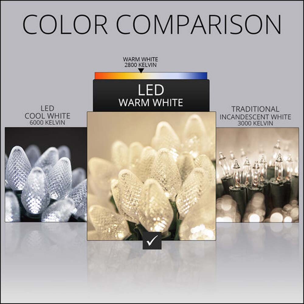 25 Warm White C7 LED Christmas Lights, Green Wire, 8" Spacing