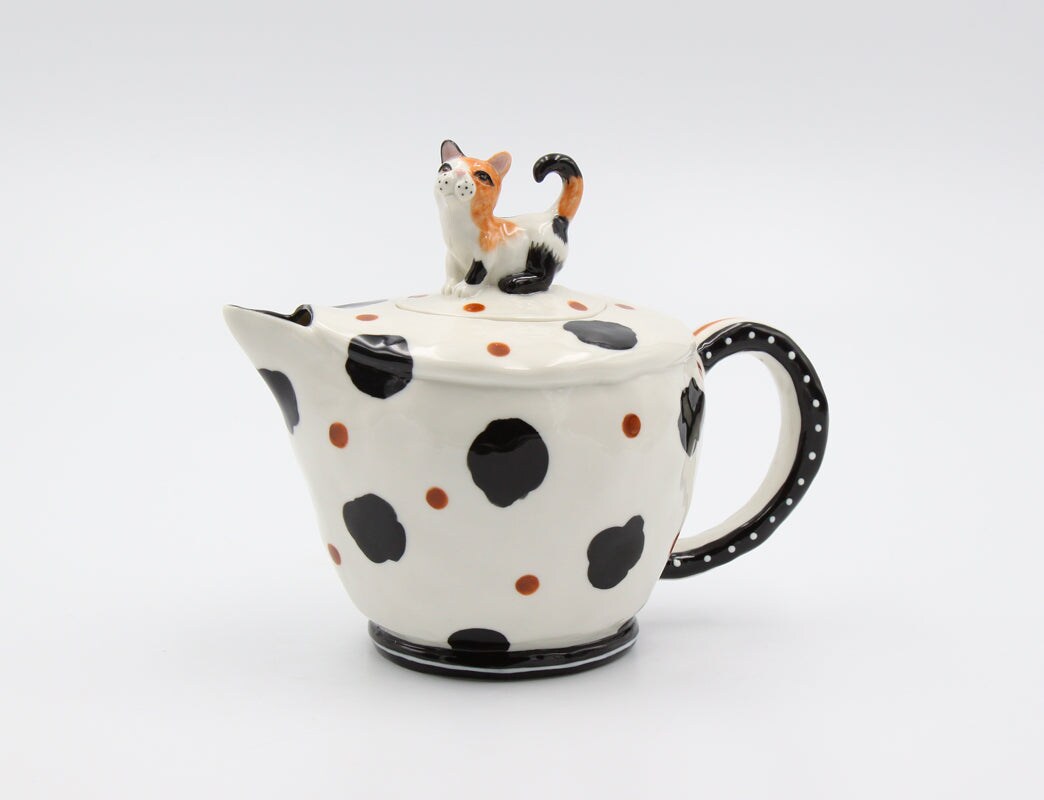 Ceramic Cow-Print Cat Teapot, Gift for Her, Gift for Mom, Tea Party D&#xE9;cor, Caf&#xE9; D&#xE9;cor, Farmhouse D&#xE9;cor, Kitchen Decor, Cat Lover Gift