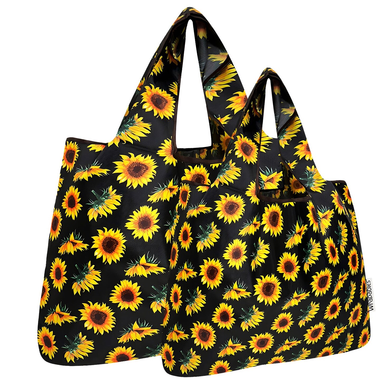 Wrapables Large & Small Foldable Tote Nylon Reusable Grocery Bags, Set of 2, Sunflowers