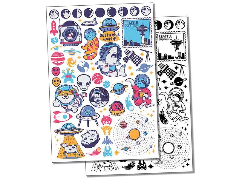 Space Planets Astronauts Aliens Sci-fi Temporary Tattoo Water Resistant Fake Body Art Set Collection