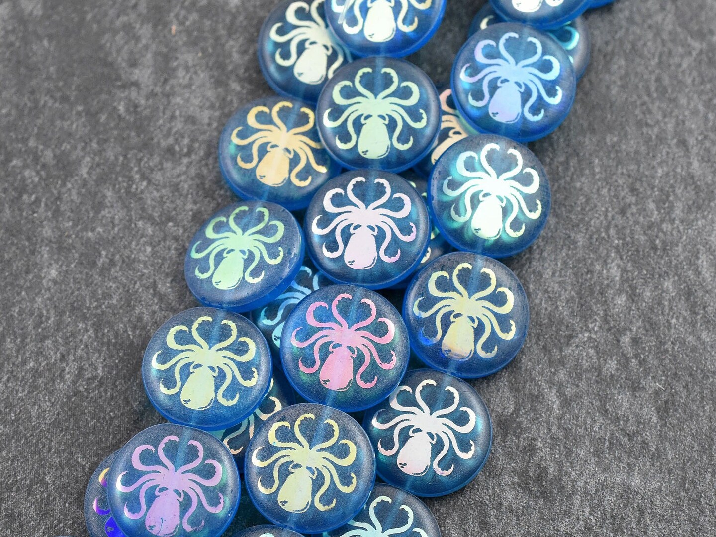 *8* 16mm Transparent Azure Blue AB Laser Tattoo Octopus Coin Beads