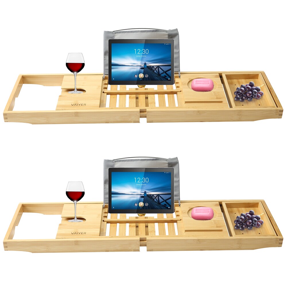 Vaiyer (2 Set) Bamboo Bathtub Tray Caddy Wooden Bath & Bed Tray Table with Extending Sides Reading Rack Wine Glass