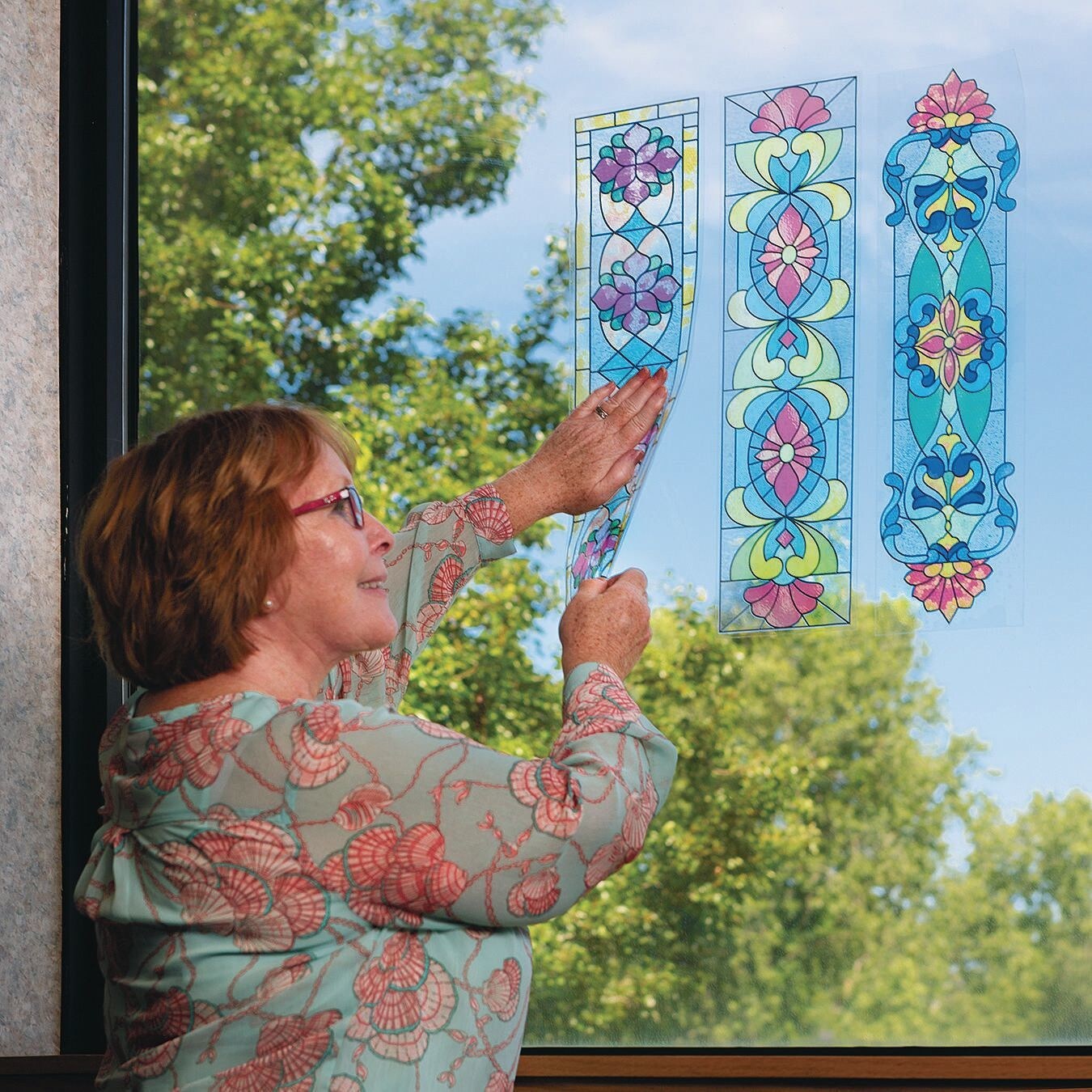 S&#x26;S Worldwide Repositionable and Reusable Stained Glass Window Clings- Add Beauty to any Window or Room with 23-1/4&#x22; x 6&#x22;&#x201D; Adhesive-Free, Static Cling Decorations, 4 Colorful Designs. Pack of 12.