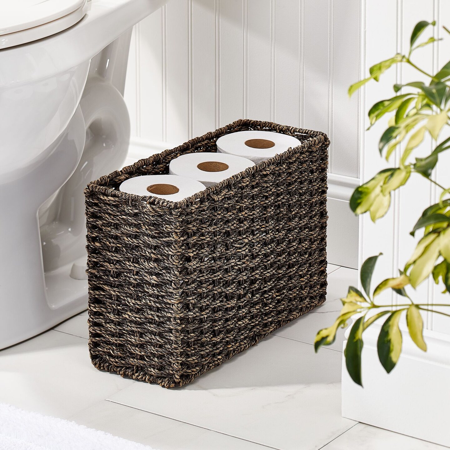 mDesign Large Rustic Woven Seagrass Toilet Tank Bathroom Storage Basket