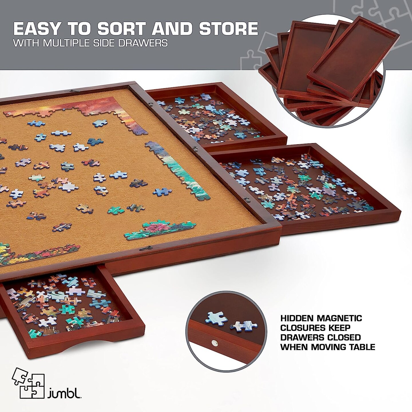 Jumbl 1000 Piece Puzzle Board 23” x 31” Wooden Jigsaw Puzzle w/Felt Surface & Drawers
