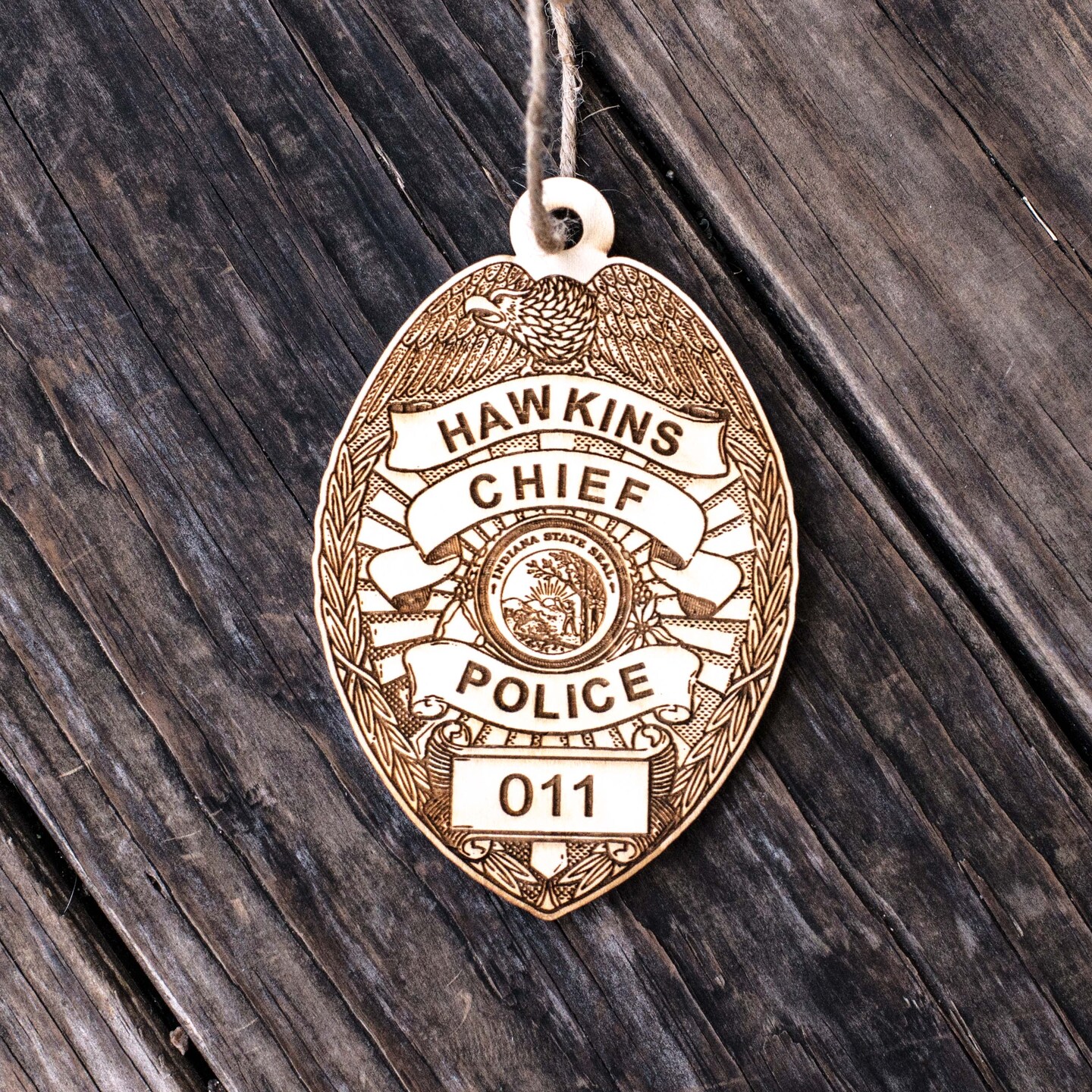 Ornament - Hawkins Chief of Police - Raw Wood 3x4.5in