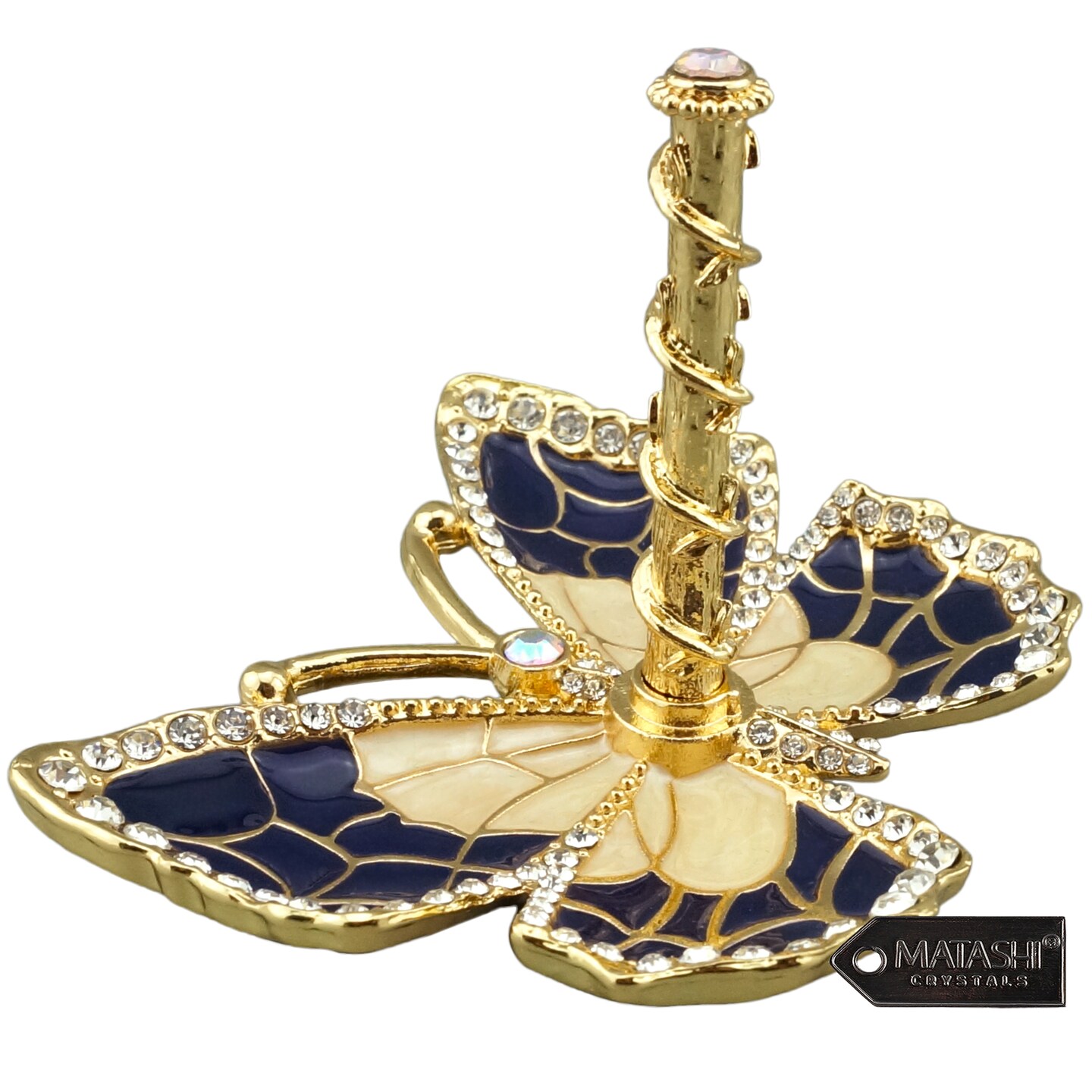 Matashi Blue Enamel And Gold Plated Butterfly Jewelry Ring Holder With Crystals Gift For Christmas Birthday Wife