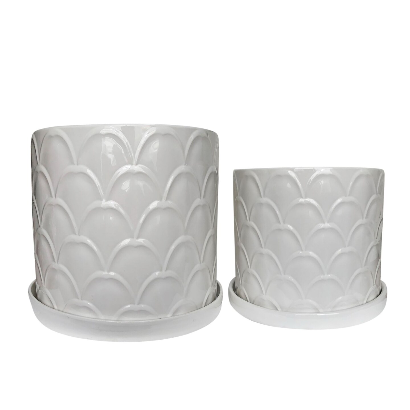Kingston Living Set of 2 White Ceramic Outdoor Scaly Planters with Saucers 12&#x22;