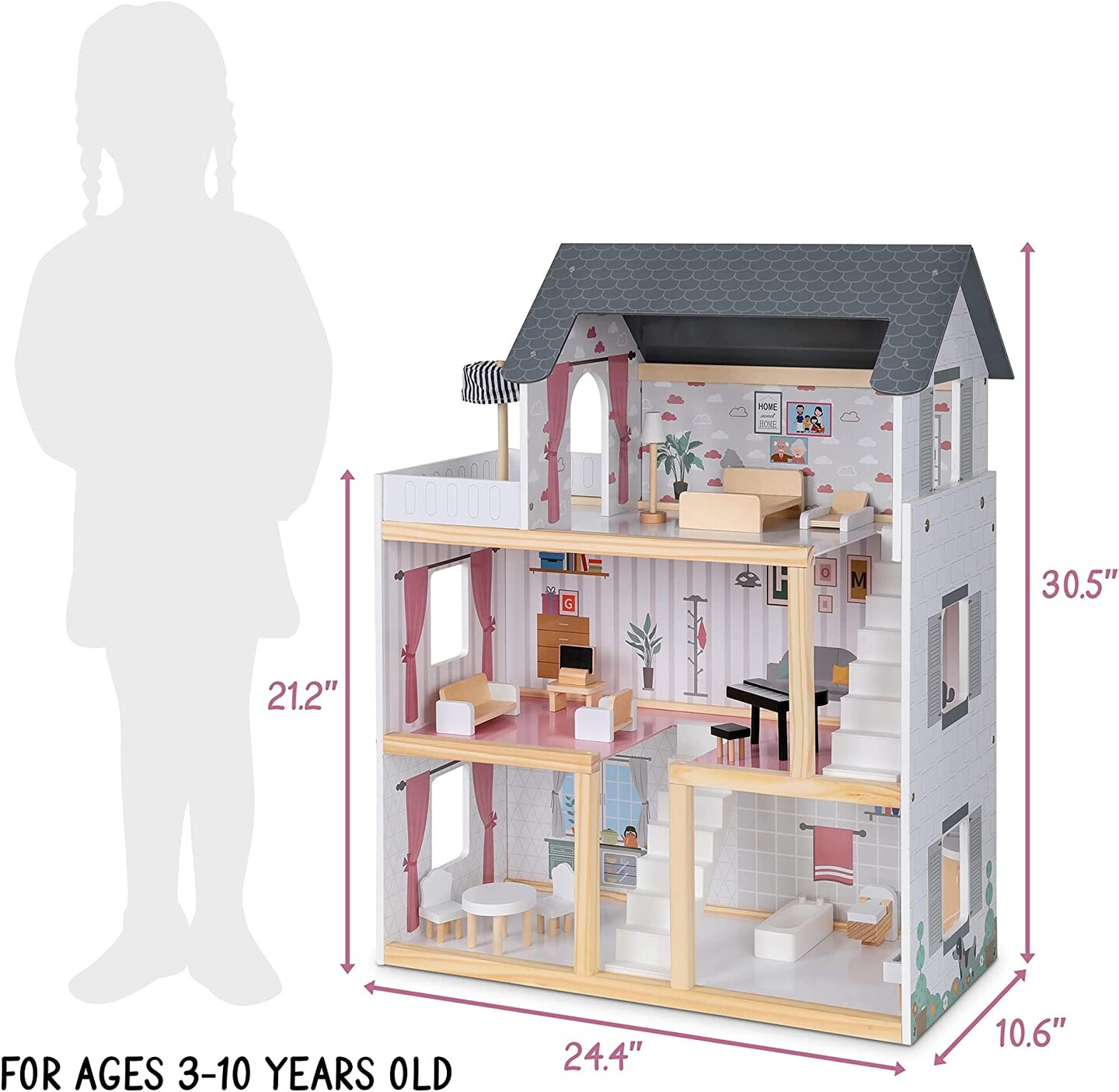 Lil Jumbl Kids 3-Floor Wooden Dollhouse with 2 Staircases and 17-Piece