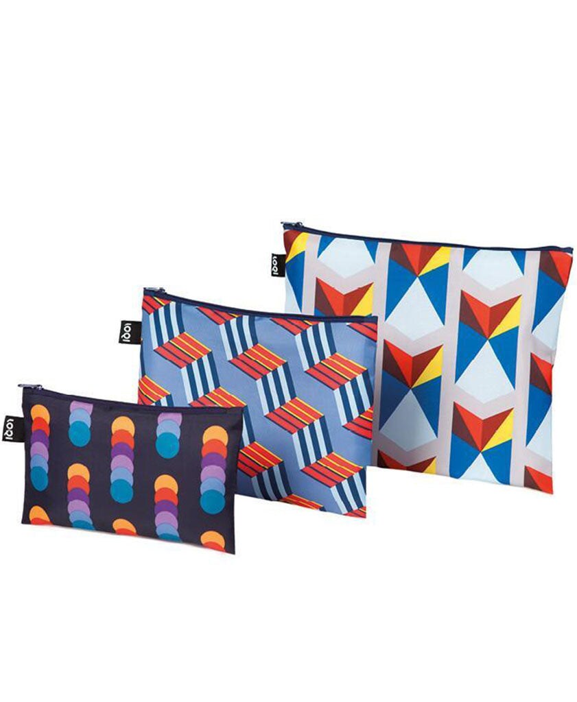 LOQI Geometric Zip Pockets, Set of 3, Circles, Stripes, Triangles