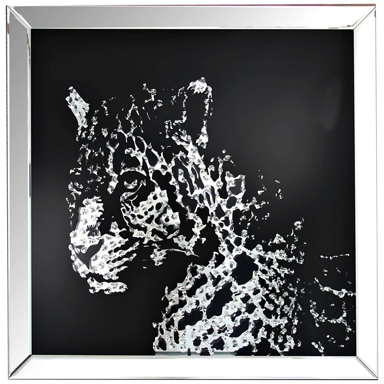 Saltoro Sherpi Square Shape Mirror framed Leopard Wall D???cor With Crystal Inlays, Black &#x26; Silver-