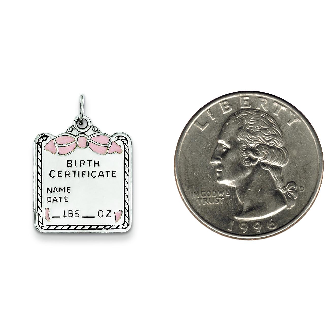 Sterling Silver Pink Enamel Birth Certificate Charm Jewerly 25mm x 17mm