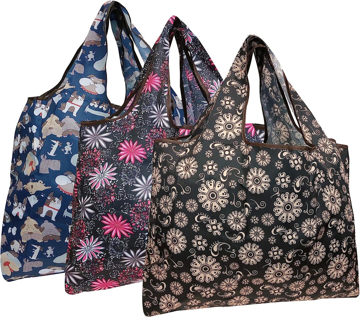 Wrapables Large Foldable Tote Nylon Reusable Grocery Bag, 3 Pack