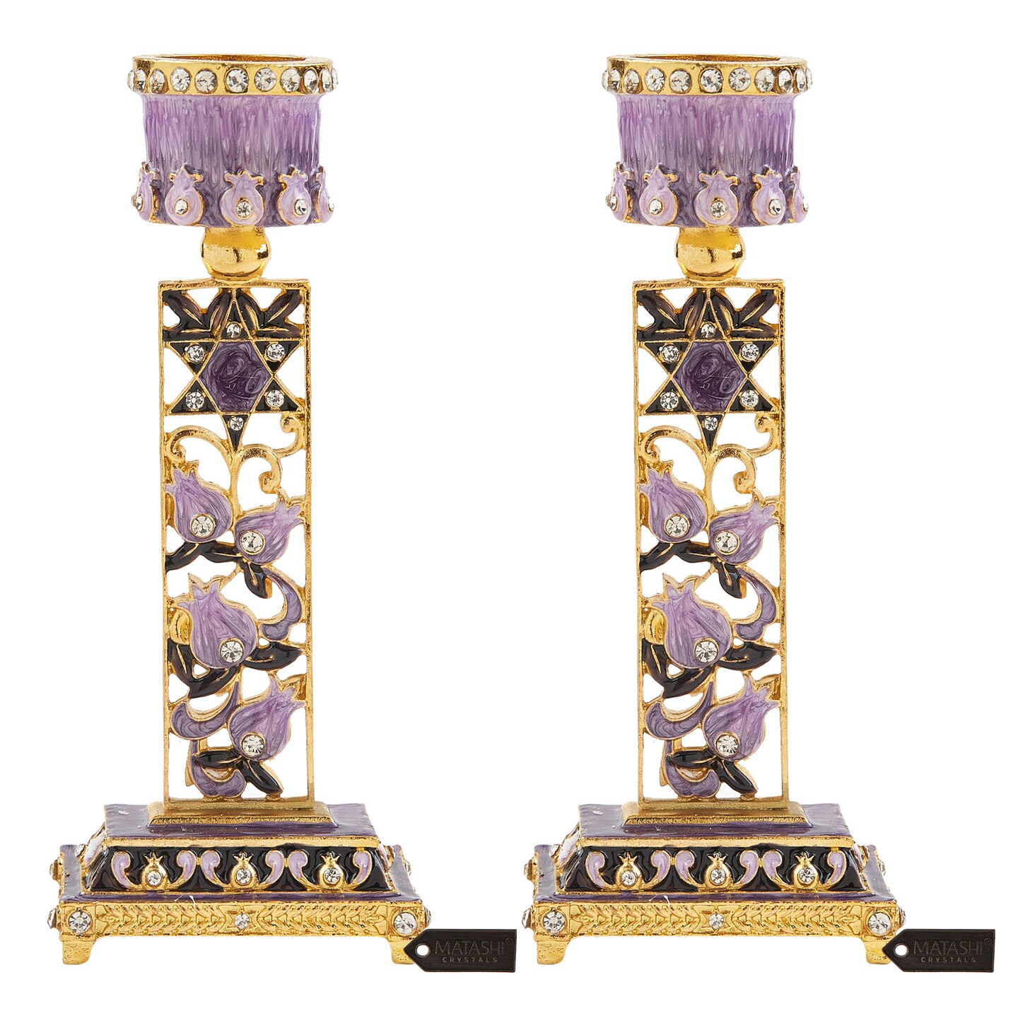 Shabbat Candlestick (2-Piece Set) Hand-Painted Gold-Plated Pewter Personal Or Religious Enjoyment (Purple) By Matashi