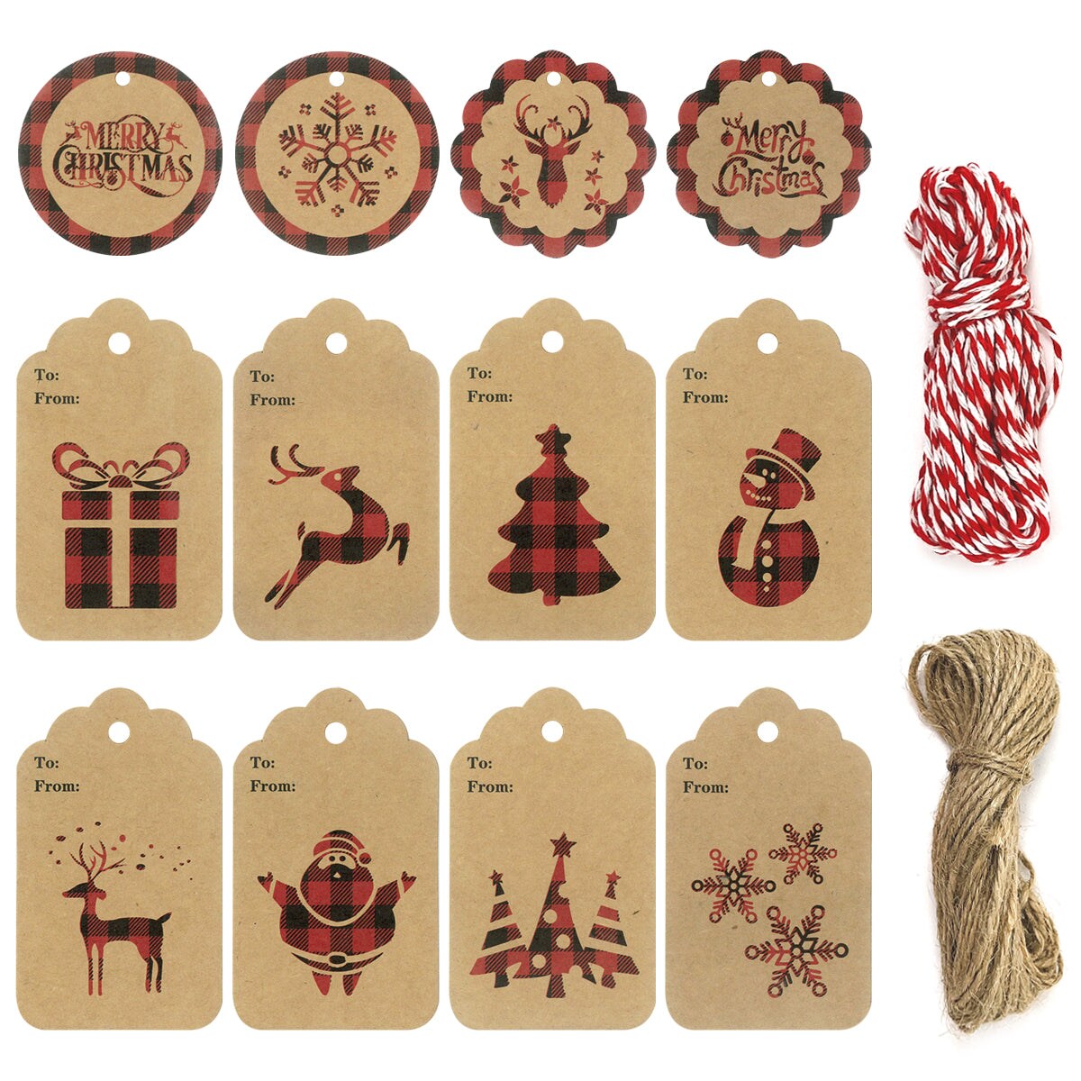 Wrapables Red Plaid Christmas Holiday Gift Tags/Kraft Paper Hang Tags with Bakers Twine and Jute String for Gift-Wrapping, Labeling, Package Decoration (120pcs)