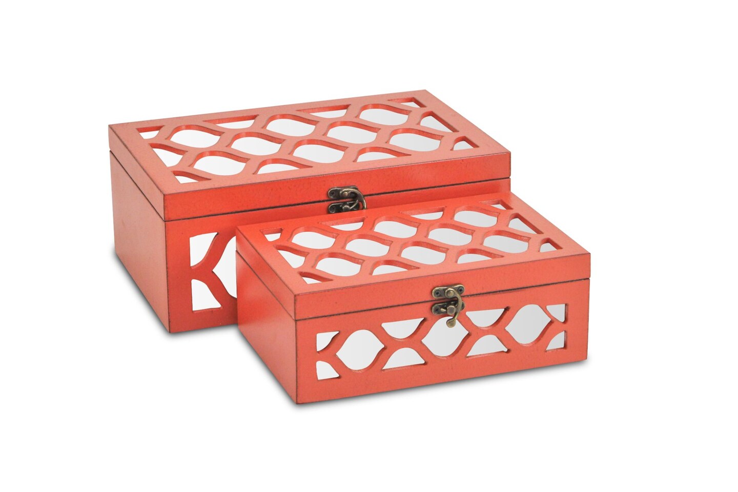 Contemporary Home Living Set of 2 Orange Rectangle Storage Boxes with Overlayed Mirror Panels 12"