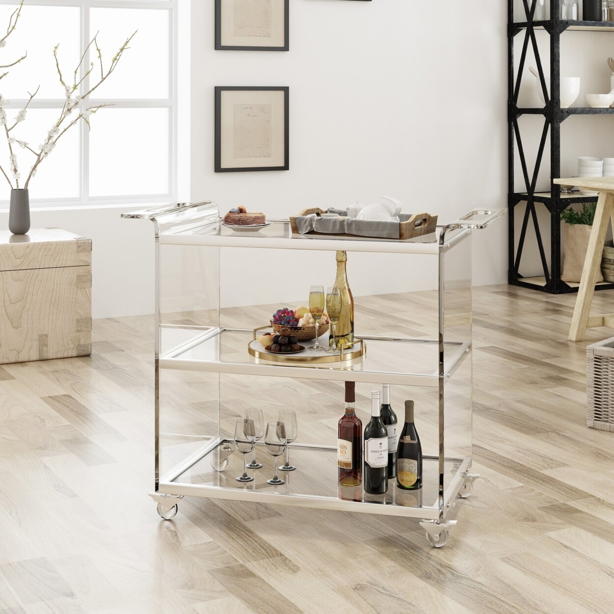 GDFStudio Eve Acrylic Bar Trolley with Glass Shelves, Clear
