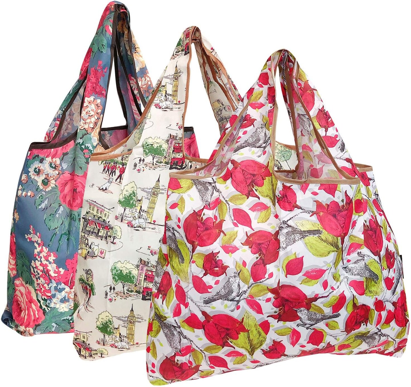 Wrapables Large Foldable Tote Nylon Reusable Grocery Bag, 3 Pack