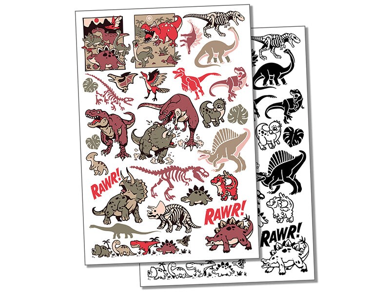 Dinosaurs Prehistoric Jurassic Fossils Temporary Tattoo Water Resistant Fake Body Art Set Collection