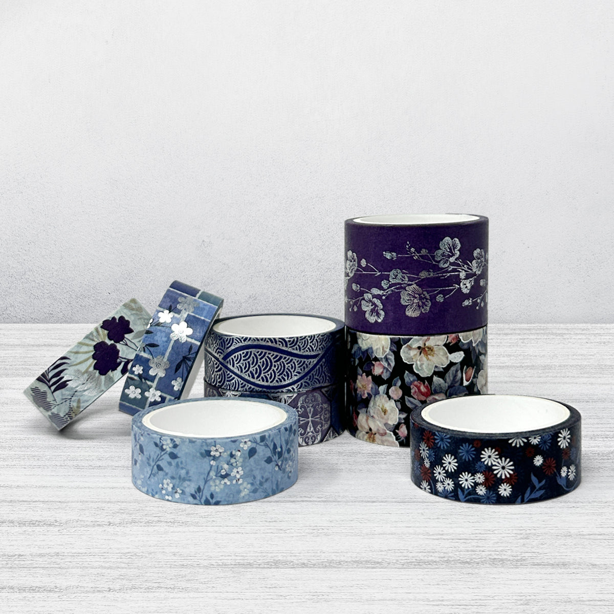 Wrapables Nature Metallic Foil Washi Tape Set for Scrapbooking, Stationery, Diary, Card Making, (8 Rolls), Cool Blue Floral