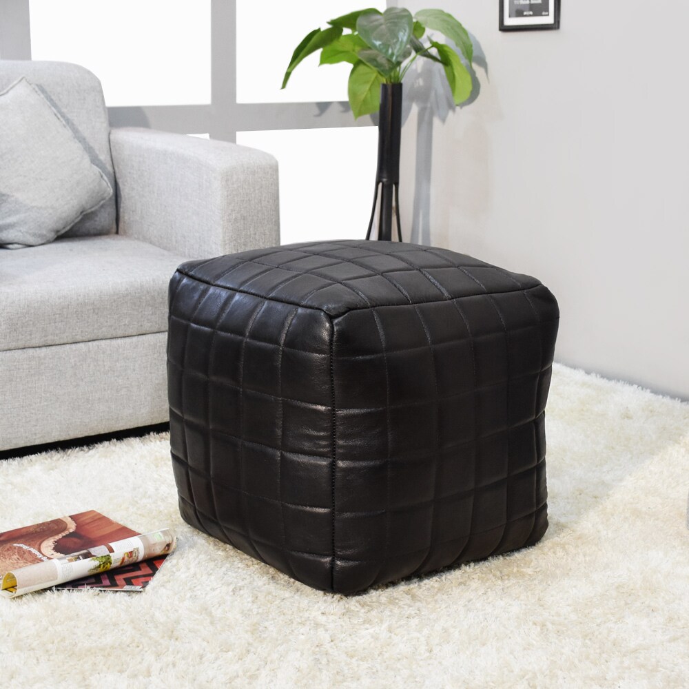 Bbh Homes Handmade Black Leather Pouf Ottomans Square Goat Leather Bbbacpf0023